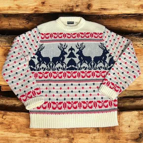 Vintage 70s 80s Gateway Knit Reindeer Christmas Holiday Sweater Unisex size LG - Picture 15 of 16
